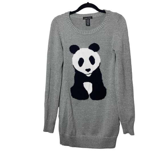 Sweater Project Panda Bear Tunic Sweater Gray Silver Metallic Sz Medium Sparkly - Picture 1 of 4